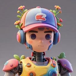 colourful - 3 d vfx art - portrait of a mecha robot wearing a baseball cap with vines & flowers growing from the cap, art style by tenmyouya hisashi, concept art, unreal engine render, digital illustration, claymation, sharp, intricate detail, volumetric light, ray tracing, soft light, symmetric, pinterest, artstation, behance,