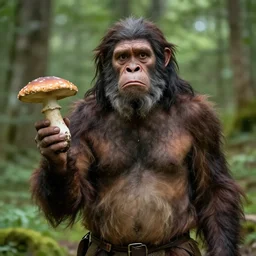 a neanderthal holding a mushroom on one hand, looking very confused, questioning reality