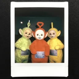 eery uncanny bizarre distorted teletubbies in the backrooms, creepily looking at camera, flash lights, polaroid
