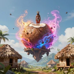 an concept art illustration, fantasy, a shaman on a large floating color energy, coconut hut native houses, natural light, style by wlop, trending in artstation, cgsociety, octane render, ultra sharp, 8 k