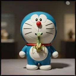 a photography frontal  portrait of  Doraemon disguised  as a Mantis Religiosa  as a ceramic created by Matthew Barney and sculpted by Nick Cave , rim light studio, 80mm photo studio,  Nikkor color photography film, very detailed photography Hasselblad, , hyperrealism, octane rendering, 8k, depth of field, bokeh.