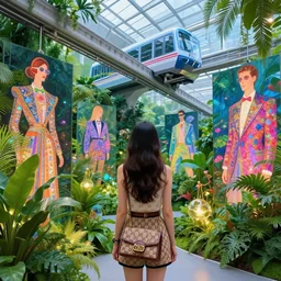 a vibrant dream of one beautiful girl wearing a gucci outfit from behind looking through a museum of the world's best digital art, lush plants, monorail, glowing lights, high fashion, magic details, by moebius, edward hopper, james gilleard, and james jean, hd, 8 k, trending on artstation, uhd,