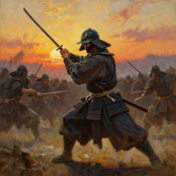 a samurai ready to fight an army of enemies, epic battle, sunset, detailed, oil painting n - 4