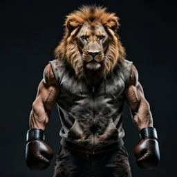high detail backlit cinematic photograph portrait , epic pose muscular oversized lion is wearing dirty hoodie and boxing gloves, very dramatic depressing dark studio photography
