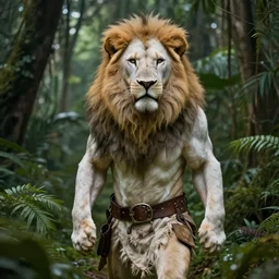 commission portrait of a male anthro albino lion,dressed in jungle clothes,goung through a jungle.,dramatic,character design by charles bowater,greg rutkowski,ross tran,hyperdetailed,hyperrealistic,4k,deviantart,artstation,professional photography,concept art