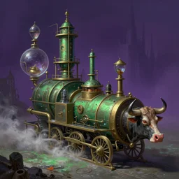 Interplanetary snake oil  engineering alchemical locomotive pharmaceutical industrial petroleum apothecary bull run serum cathedral, fantasy, portrait, sharp focus, intricate, elegant, digital painting, artstation, matte, highly detailed, concept art, illustration, volumetric lighting, purple green color scheme, art by Ilya Kuvshinov, artgerm