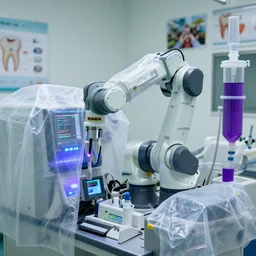 a close up of a small boxy kuka robotic arm surrounded by machines covered with large translucent synthetic garments, dental care room, hospital, blinking leds, tiny monitors displaying code, small computer keyboards, big plastic pipes pumping violet liquids, tooth diagram posters on the wall, color photo, various levels of details, 5 0 mm sigma lens, high aperture