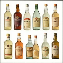 full color page scan catalog sheet of various retro bottles on white background, matte painting