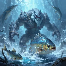 bipedal fish in an ice swamp boss battle fantasy artwork epic detailed and intricate digital painting trending on artstation by wlop octane render