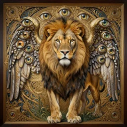 Lion with six wings covered in eyes, Realistic, painting :: intricate details, ornate, detailed illustration