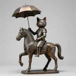 abstract sculpture of a proud and fashionable antique cat puppet on a horse wearing armor and holding an umbrella