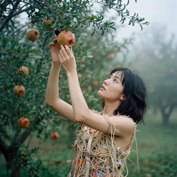 a closeup portrait of a woman wearing a dress made of tangled twine and ribbon, picking pomegranates from a tree in an orchard, foggy, moody, photograph, by vincent desiderio, canon eos c 3 0 0, ƒ 1. 8, 3 5 mm, 8 k, medium - format print