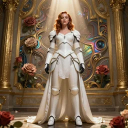 perfectly - centered!! looking at the camera!!! low - angle!! full body portrait of christina hendricks dressed in white armor in star wars, clothed, with roses, wet, shiny, shiny skin, bright lighting, godrays, golden, baroque style, roses, intricate abstract upper body intricate artwork, by tooth wu, wlop, beeple, dan mumford. concept art, octane render, deviantart, greg rutkowski, cinematic arthouse, key art, hyper realism, iridescent accents