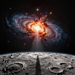 An explosion, galaxy-level extinction event, viewed from the surface of the moon, digital art, dramatic lighting