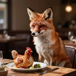 bipedal fox sitting in a restaurant with a cute chicken on the plate in front of him.