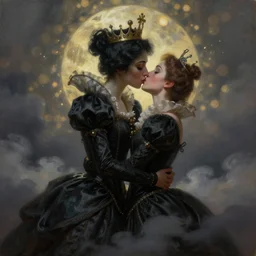 a beautiful oil painting of heaven's just a kiss away, bokeh, black queen, in the style of delphin enjolras, ultrarealistic, dynamic lighting, artstation, hyper realism, 3 d octane render, 8 k.