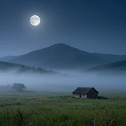 Fog covered grassy fields with large mountains in the distance, small cottage in the foreground, nighttime, moon in the night sky, landscape wallpaper, d&d art, fantasy, painted, 4k, high detail, sharp focus