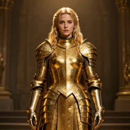 front centered symmetrical portrait, Elisha Cuthbert as a paladin, radiant golden armour, dramatic lighting, cinematic, establishing shot, high detail, photo realistic, cinematic lighting, post processed, 8k, concept art, artstation, matte painting, in the style of eddie mendoza, raphael lacoste, alex ross