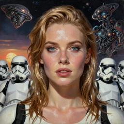 A mixed media portrait painting of a very beautiful light-brown-hair / blonde woman on an alien planet, starship-troopers, sweat, aesthetic symmetrical face and eyes, photorealistic, model, wet, pacific-rim-mech in background, dawn of the space age pinup style, by Frank Frazetta, Boris Vallejo, Beeple, Greg Rutkowski, Christian MacNevin, epic fantasy character art, high fantasy, CGsociety, exquisite detail, post-processing, masterpiece, cinematic
