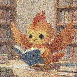 a cute adorable phoenix fledgling learning to read in a library |anime