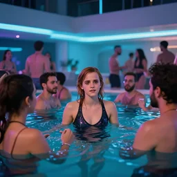 A photo of Emma Watson, having fun in a pool party filled with people, and being the centre of attention, in a modern indoors pool with cyberpunk illumination at night . 4k photo, Hyper realistic