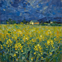 oil paint impasto relief, beautiful night view of an oilseed field, lights in a house in the distance, multi layered thick brush marks, some splattered paint, in the style of ivan shishkin and frank auerbach and van gogh