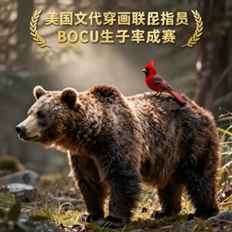 a red bird on the back of a brown bear