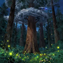 highly dteailde illistrarion of a giant sequoia forest with fireflies an luminescent wild flowers at night and lots of cummulonimbus clouds and a spaceship by makoto shinkai, by moebius!, by oliver vernon, by joseph moncada, by damon soule, by manabu ikeda, by kyle hotz, by dan mumford, by kilian eng, by nico delort
