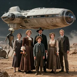 8k film still from a sci fi blockbuster color movie made in 2022, set in 1860, of a family standing in front of a spaceship that has just landed on an alien planet, a humanoid alien creature stands nearby, the family are all wearing 1850s era clothes, cinematic lighting, cinematic camera, in focus, extremely good quality lighting, good quality photography, A list cast, famous actors, famous actresses, oscar winner