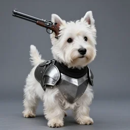 west highland terrier dressed in iron armour with a gun attached to his head. gun on the head of westy.