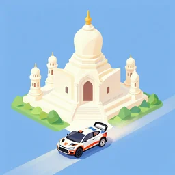 rally car passing a marble temple. isometric, simplistic minimal deco art, colorful, soft lighting