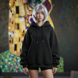 woman ; silver hair ; white eyes ; himalayan, sci - fi, oversized black hoodie and shorts ; unreal engine 5 rendered, octane rendered, art style by klimt and nixeu and ian sprigger and wlop and krenz cushart and artgerm ; digital art ; high detail ; trending on artstation ; realistic