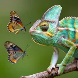 a chameleon with a long, sticky tongue that it uses to catch insects. his eyes are focused on a butterfly in front of him and he seems to be paying close attention to it.
