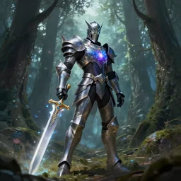 knight with great sword ´ s ray and galaxy armor, in the middle forest of fantasy, 4 k, realistic, by greg rutkowski - artstation