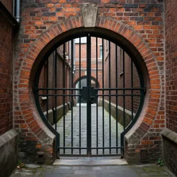 centralized circular gate in a brick wall, leading to another world. back alley. fantasy. detailed. smooth. sharp focus. trending on arstation. artist greg rutkowski.
