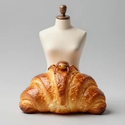 a weta made out of croissant, on a mannequin. high quality, high resolution, studio lighting