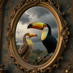 oval mirror of kalandra and toucan with reflection, cinematic, filmic, wildlife photography, ray tracing reflections, insanely detailed and intricate, hypermaximalist, elegant, ornate, hyper realistic, super detailed, golden hour, stormy weather, ominous