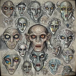 gothic creature character face detail designs, Kim Jung Gi, Greg Rutkowski, character sheet, Darek Zabrocki, Karlkka, Jayison Devadas, Phuoc Quan, trending on Artstation, 8K, ultra wide angle, pincushion lens effect
