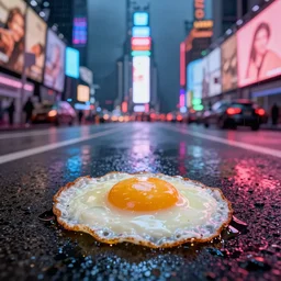 fried egg on the road, times square, night time, raining, neon light, romantic, ultra realistic, unreal engine, 4k, artstation
