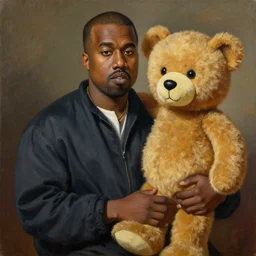 A renaissance painting of Kanye West with a anthropomorphic Teddy Bear mascot, painting,