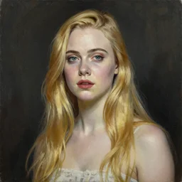 a striking hyper real painting of Elle Fanning by Grant Wood