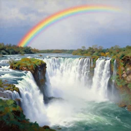 waterfalls, wilderness, open sky, rainbow, painting by bob ross