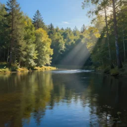 portrait of a lake surrounded by forest, highly detailed, sunny, blue sky, cinematic lighting, highly angle, godrays, volumetric, photorealistic, digital art painting by greg rutkowski