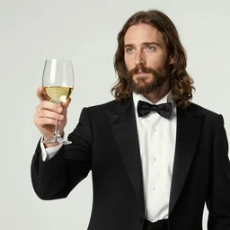 Jesus Christ with a tuxedo hold a glass of wine