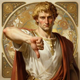 julius Ceasar showing thumb down, intricate, elegant, highly detailed, digital painting, artstation, concept art, smooth, sharp, focus, illustration, art by artgerm and greg rutkowski and alphonse mucha