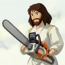 jesus christ has a new chainsaw, digital painting, 4 k wallpaper, by hayao miyazaki, kentaro miura, by rembrandt, by moebius, by michelangelo, by frank frazetta, beautiful, holy, gorgeous, biblical, masterpiece, chainsaw, chainsawing