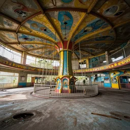abandoned amusement park interior design, Moebius, Greg Rutkowski, Zabrocki, Karlkka, Jayison Devadas, Phuoc Quan, trending on Artstation, 8K, ultra wide angle, pincushion lens effect.