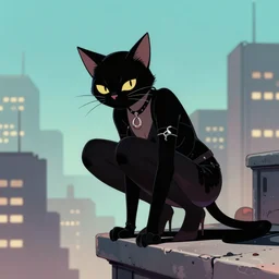 Cat Women crouches on edge of building, city background,  in style of Mark Brooks and Artgerm