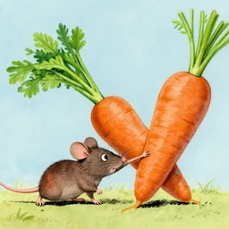 mouse pulling a gigantic carrot with difficulty, by beatrix potter