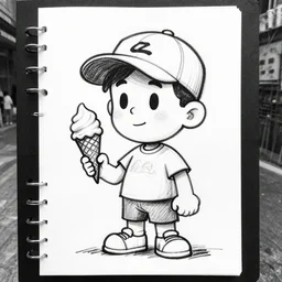 a street artist cartoon sketch black and white chalk sketch of a boy wearing a baseball cap holding an ice cream cone